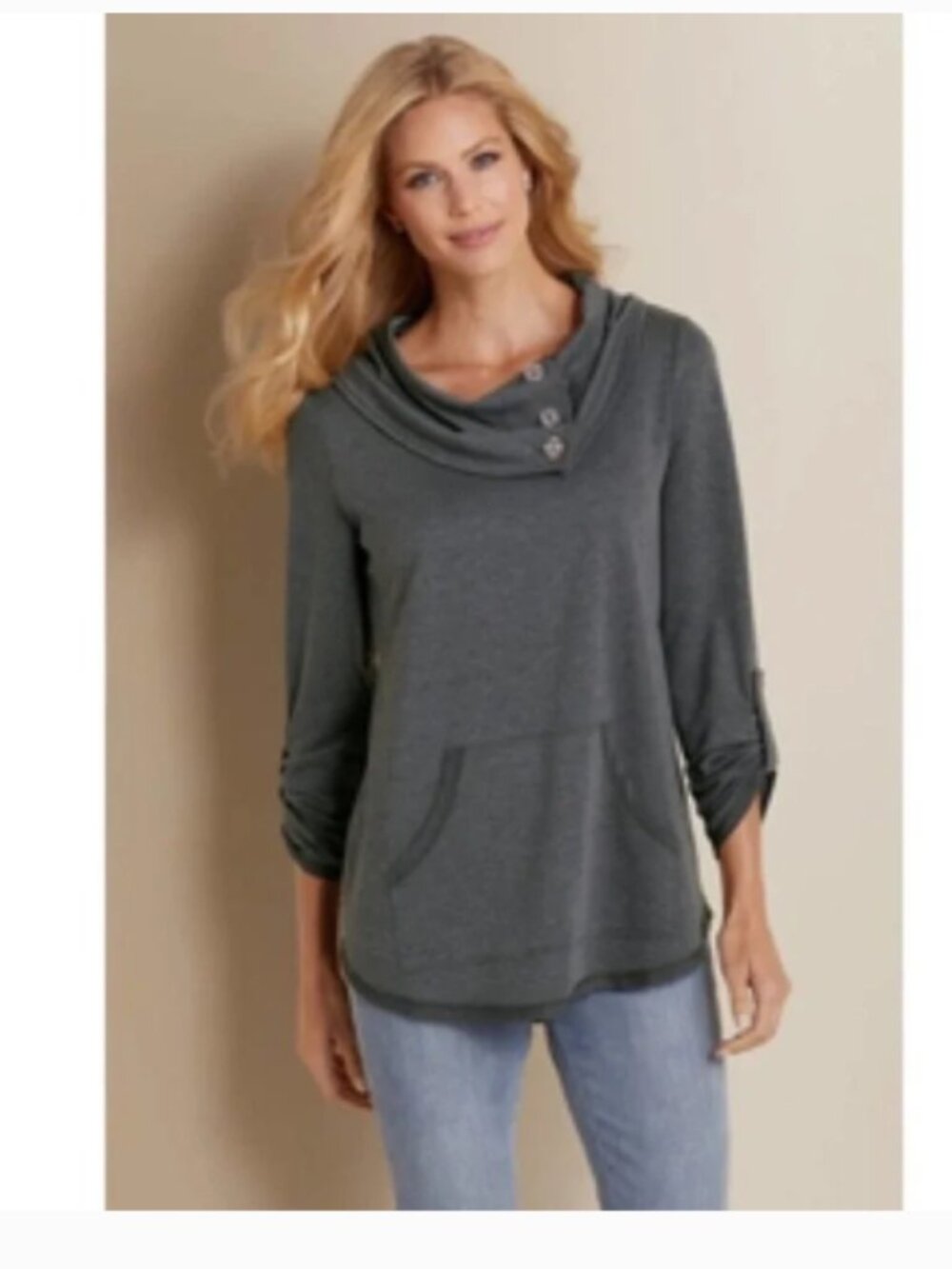 Soft Surroundings Kassidy Charcoal Gray Button Cowl Pullover Tunic Size 2X